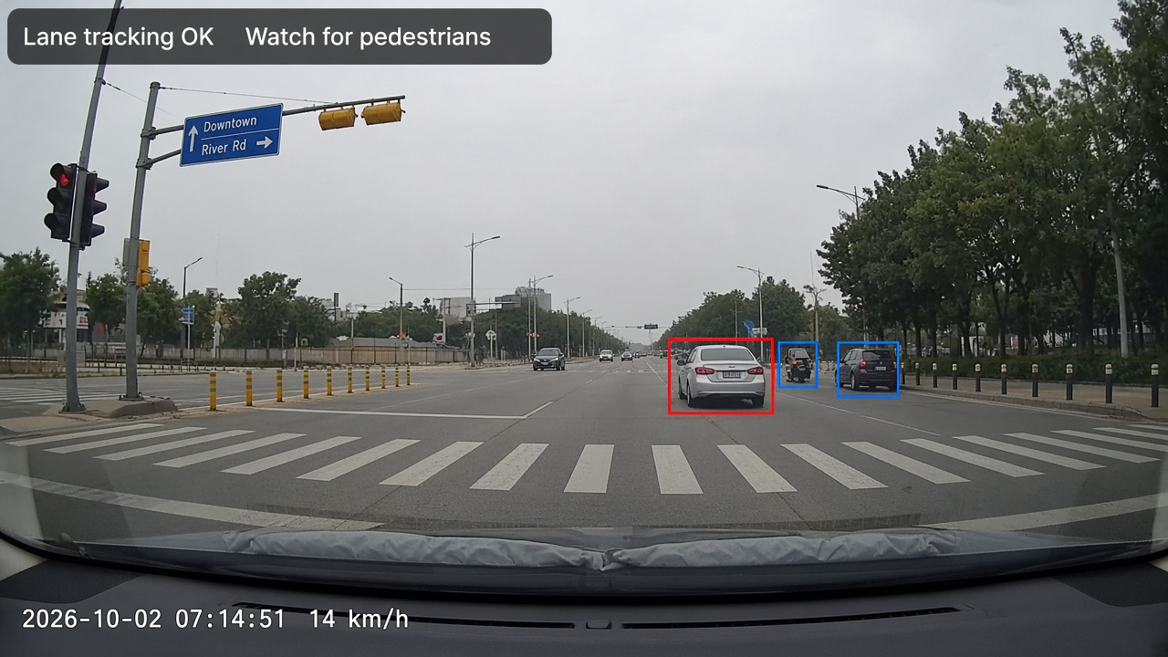 Forward camera frame with detection boxes around vehicles and a pedestrian warning banner