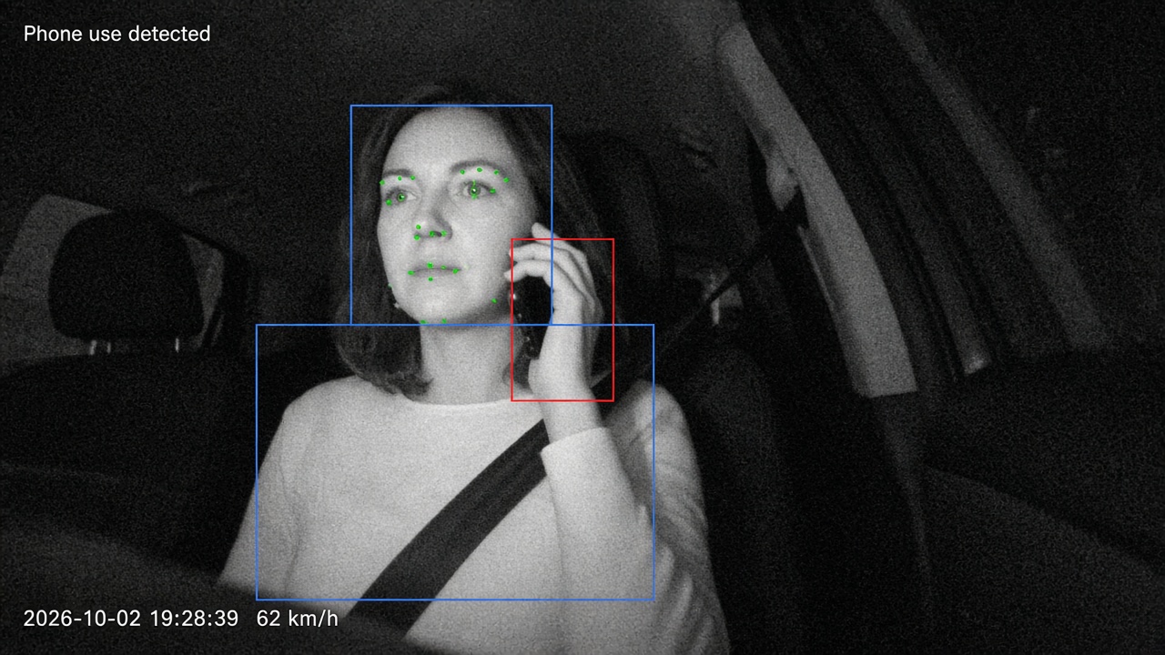 Infrared in-cab frame with face tracking dots and a red box around a phone held to the ear