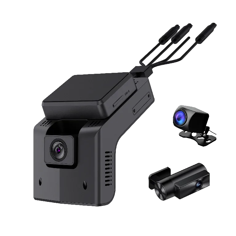 GD14 dash cam main unit with its two camera modules and cable harness